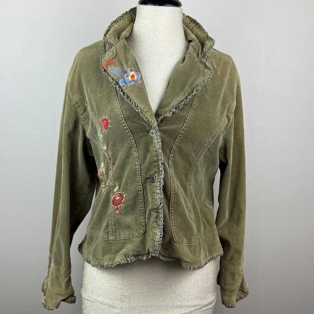 Méchant Corduroy Jacket Womens M Olive Green Floral Embroidered Boho Frayed READ